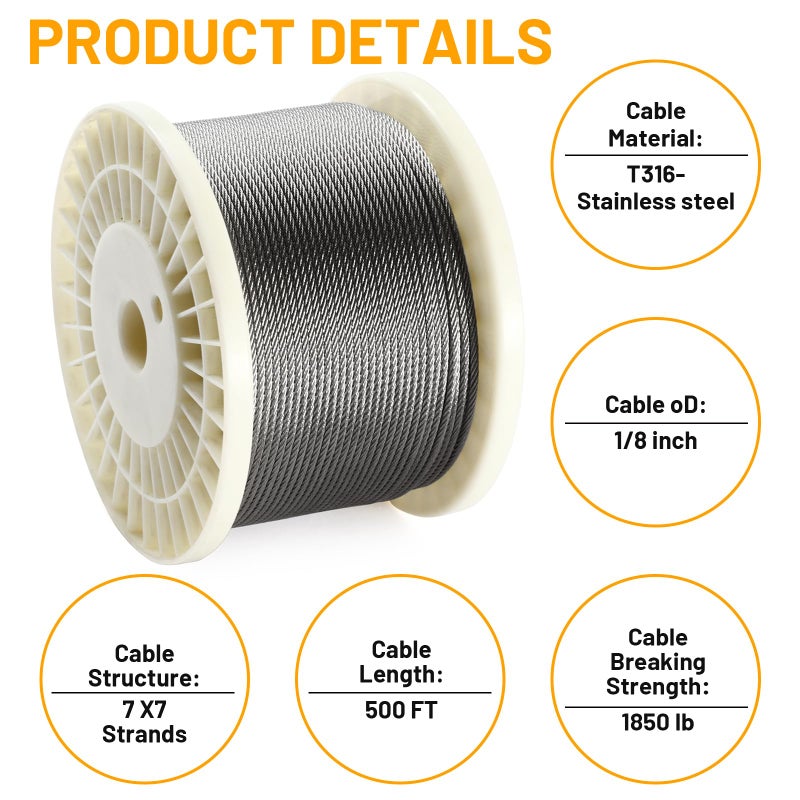 AHEONLAR 500FT 1/8"" Stainless Steel Wire Rope with Cutter  T316 Cable for Deck Railing Kit  1850 lb Breaking Strength  7x7 Strands Aircraft Cable for Stair Fence  Silver - Image 3